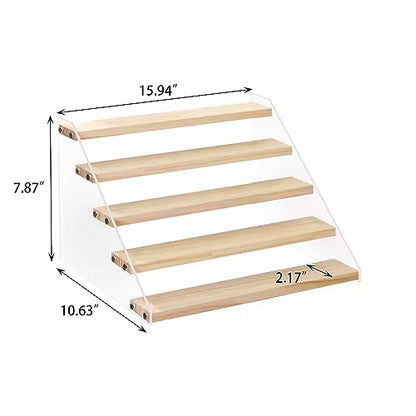 BYCY Wood Display Stand 5 Tier Clear Acrylic Display Shelf Riser for Perfumes Pop Figures Jewelry Cupcake Spice Desserts (1 Pack)