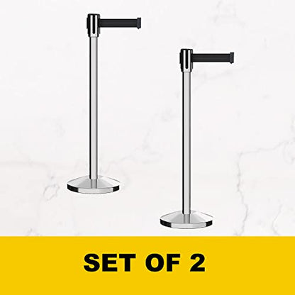 Montour Line M530 Set of 2 Retractable Belt Barrier Stanchion, Sloped Base, Polished Stainless Steel Post (7.5 ft Black with "This LINE Closed" White Letters Belt) - color: Black with "THIS LINE CLOSED" White Letters, size: 7.5 ft
