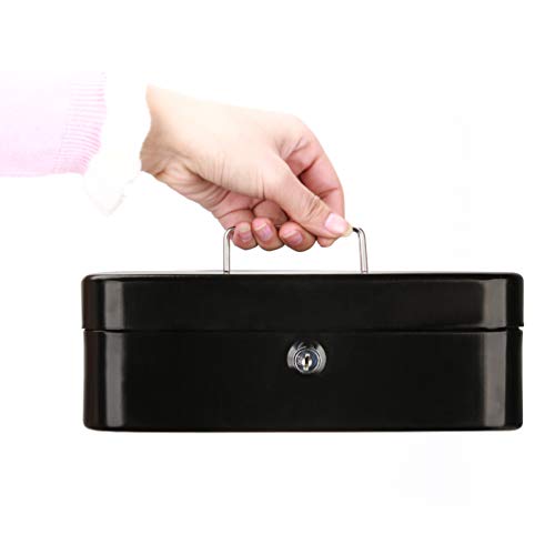 Cash Box with Money Tray, Parrency Large Money Box with Key Lock, 9.8 x 7.9 x 3.5 inches, Black - color: Black, size: Large（9.84")