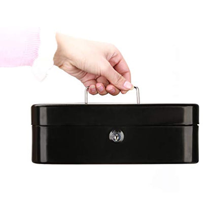 Cash Box with Money Tray, Parrency Large Money Box with Key Lock, 9.8 x 7.9 x 3.5 inches, Black - color: Black, size: Large（9.84")