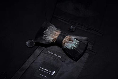 RBOCOTT Handmade Feather Pre-tied Bow tie and Brooch Sets for Men - color: Black/Brown/Turquoise