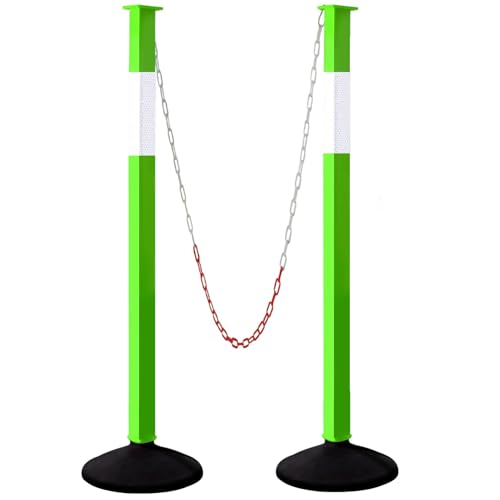 Traffic Delineator Post with Weighted Base & Reflective Collars, Adjustable Parking Cones with 4 FT Chains, Portable Green Driveway Barrier Pole for Traffic Crowd Control（Patented） - size: 2 Pack-Green