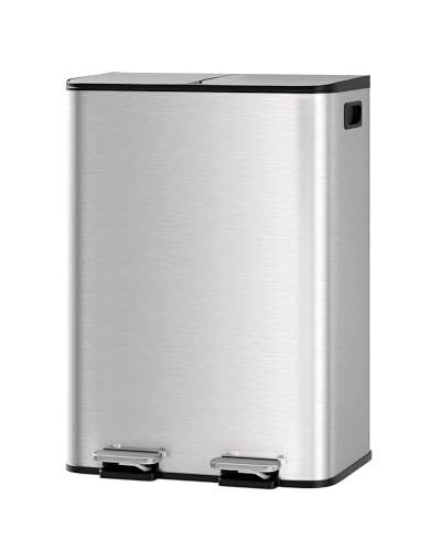 Garvee Double Trash Can, 2 x 8 gal (2 x 30 L) Garbage Can for Kitchen Dual Compartment Recycling Kitchen Step Trash Bin, Stainless Steel Trash and Recycle Bin Combo with Soft-Close Lid,Silver - color: Silver, size: 2 x 8 Gallon