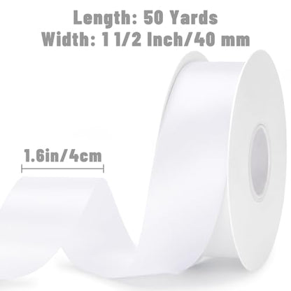 KINGLAKE Double Faced White Satin Ribbon - 1-1/2 Inch x 50 Yards - color: White