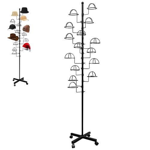 Montex Freestanding Hat Rack Stand, Wig Display Stand, Metal Hat Organizer Rack with 14 Customisable Circular Hooks, Hats Tree Stand Floor Standing Hat Display, Black - color: Black