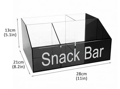 Snack Organizer for Countertop, Black & Clear Acrylic Snack Bar Organizer, 4 Compartment Snack Holder Chips Organizer, Trapezoid Snack Basket Bin for Kitchen Pantry Organizer and Storage