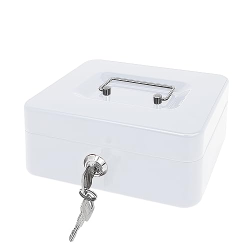 Steel Cash Box with Key Lock, Metal Small Money Organizer with Money Tray,Cash Storage Box with Lockable Cover (White- 7.8" x 6.3" x 3.3") - color: White- 7.8" x 6.3" x 3.3"