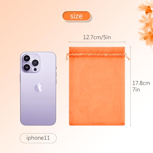 FUNFERY 100Pcs Orange Organza Bags 5x7 in,Small Mesh Drawstring Gift Bag - color: Classic Orange