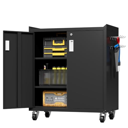 Baborokic Metal Garage Storage Cabinets with Lock and Wheels,Small Metal Storage Tools Cabinet with Locking Doors and Adjustable Shelves,Locker Organizer Steel Tool Cabinets for Garage,Office(Black) - color: Black-b