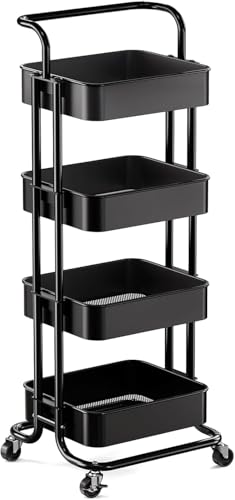 Pipishell Metal 4 Tier Rolling Cart with Handle & 2 Lockable Wheels, Black - color: Black, size: 4-Tier