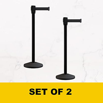 Montour Line M530 Set of 2 Retractable Belt Barrier Stanchion, Sloped Base, Black Powder Coated Post (7.5 ft Dark Blue Belt) - color: Dark Blue, size: 7.5 ft
