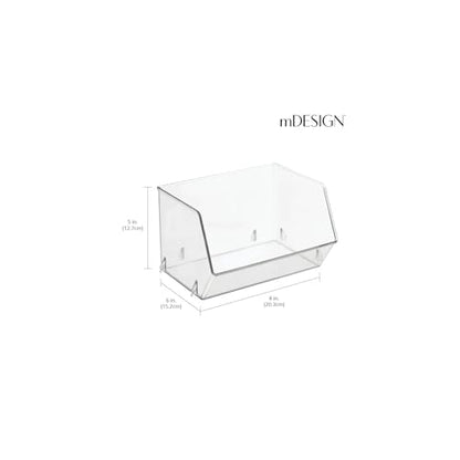 mDesign Plastic Open Front Food Storage Bin for Kitchen Cabinet, Pantry, Shelf, Fridge/Freezer - Organizer for Fruit, Potatoes, Onions, Drinks, Snacks, Pasta - 5" Tall - 4 Pack - Clear