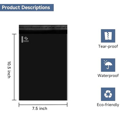 KKBESTPACK Black Poly Mailers 7.5x10.5 in, Small Shipping Bags, 100 Pcs - color: Black, size: 7.5" x 10.5" 100 pcs