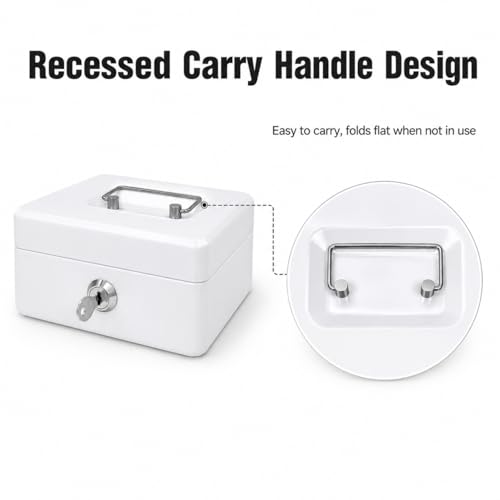 Steel Cash Box with Key Lock, Metal Small Money Organizer with Money Tray,Cash Storage Box with Lockable Cover (White - 5.9" x 3.1" x 4.7") - color: White - 5.9" x 3.1" x 4.7"
