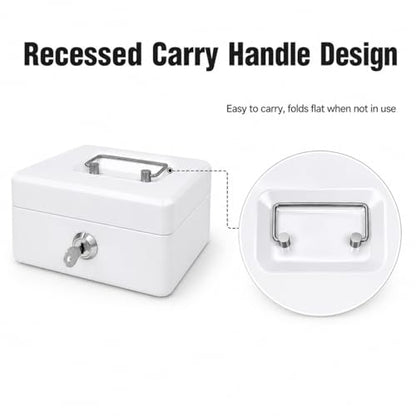 Steel Cash Box with Key Lock, Metal Small Money Organizer with Money Tray,Cash Storage Box with Lockable Cover (White - 5.9" x 3.1" x 4.7") - color: White - 5.9" x 3.1" x 4.7"