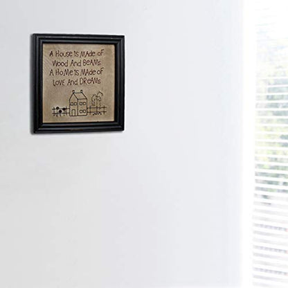 CVHOMEDECO. Primitives Antique A house is made of wood and beams, A home is made of love and dreams Stitchery Frame Wall Mounted Hanging Decor Art, 12 x 12 Inch - color: A house is made of wood and beams, A home is made of love and dreams