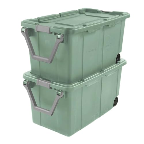 40 Gal Heavy Duty Wheeled Storage Totes 2 Pack, Rugged Plastic Storage Bins with Secure Latching Lids, Stackable Rolling Containers for Garage, Workshop, Warehouse & Outdoor Storage