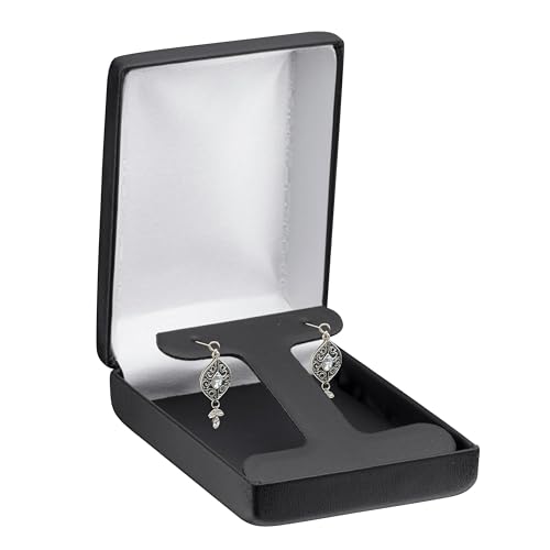 ALLUREPACK Rounded-Top-Leather T-Style Long Earring Box for Women & Girls – Jewelry Gift Box Ideal for Long Hanging Earrings & Hoops – Earring Case with Leather Interior and Satin Inner Top - color: Black, size: Long T-Style Earring