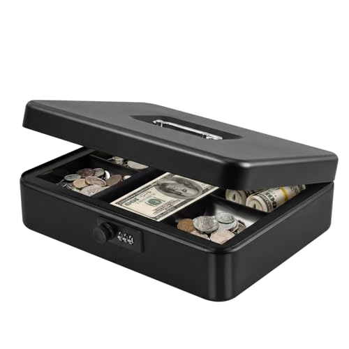 Flexzion Metal Cash Box with Combination Lock, Money Tray, 11.8 in, Black - color: Black