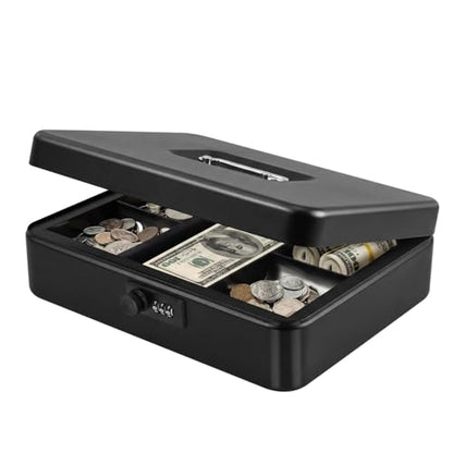 Flexzion Metal Cash Box with Combination Lock, Money Tray, 11.8 in, Black - color: Black