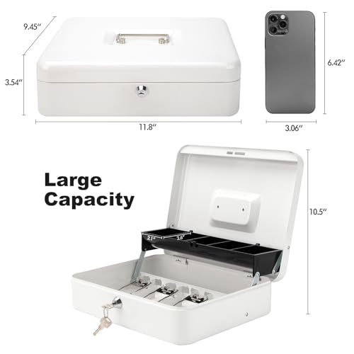 Cash Box with Key Lock & Foam Auto-Pop Coin Tray – Secure Steel Money Box with 4 Upgraded Finger-Safe Bill Clips, Premium Smooth Scratch-Resistant Coating, 11.8"L x 9.5"W x 3.5"H, KL White - color: KL White