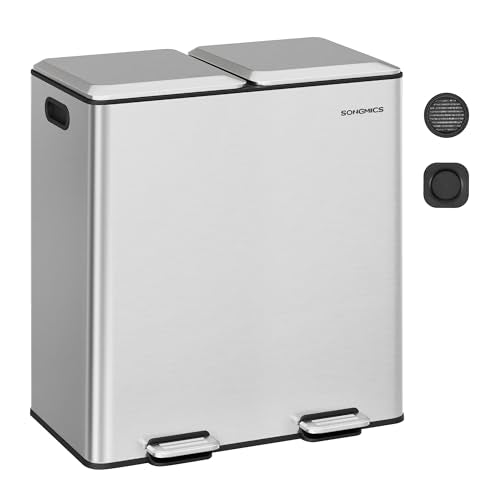 SONGMICS Trash Can, 2 x 8 Gallon, Soft-Close Lids, Stainless Steel - color: Silver, size: 2 x 8 Gal. (Old)