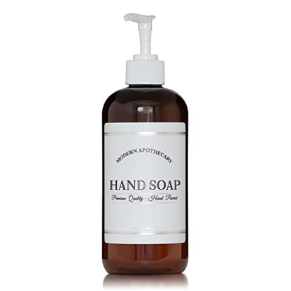 Amber PET Plastic Refillable Hand Soap Pump Bottle Dispenser with White Plastic Pump, 16 oz for Bathroom/Kitchen with Chrome Accent Waterproof Modern Apothecary Label, Reusable Container - color: White Pump