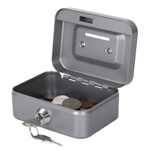 Cash Box with Lock Small Cute Coin Lock Box with Money Slot Mini Portable Gamble Safe Box 4.5"x3.4"x2.4" Grey - color: Grey-Mini