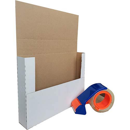 50 Pack 11 1/8" x 8 5/8" x 2" Corrugated Easy-Fold Mailer, Letter-Size Height Adjustable, White with Tape & Dispenser (EM1182-tc)