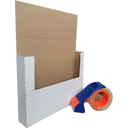 50 Pack 11 1/8" x 8 5/8" x 2" Corrugated Easy-Fold Mailer, Letter-Size Height Adjustable, White with Tape & Dispenser (EM1182-tc)