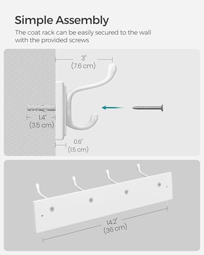 SONGMICS Wall-Mounted Coat Rack, 4 Dual Metal Hooks - color: White, size: 1 Pack-4 Hooks, style: Without Shelf