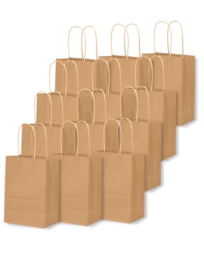 qiqee 100-Packs Mini Size Paper Gift Bags with Handles Bulk 4.5"×2.5"×6" Brown Gift Bags Multiple Uses - size: Mini - 100 Packs