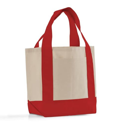 TBF 12 Pack Mini Iconic Canvas Shopping Bags with Gusset – Reusable Eco-Friendly Tote Bags with Handles - color: Red