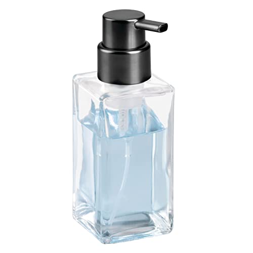 mDesign Glass Refillable Foaming Hand Soap Dispenser Modern Square Pump Bottle for Bathroom Vanities or Kitchen Sink, Countertops - 2 Pack - Clear/Black - color: Clear/Brushed Black