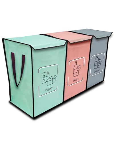 NYIKA - Recycling Organizer - Reusable Recycling Bags - Recycling Sorter - Trash Sorting Bins - 3 Compartment Recycle - Pack of 3 Bags with Lid