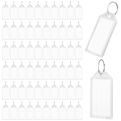 200 Pack 2 Inch Tough Plastic Key Tags with Blank Labels, White Item Identifiers with Clear Label Window and Split Ring for Luggage