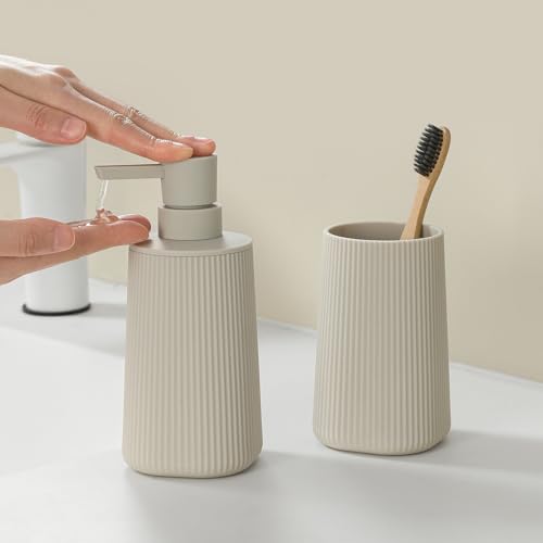 YAUKPH Bathroom Soap Dispenser and Toothbrush Holder Striped Beige - color: Striped Beige