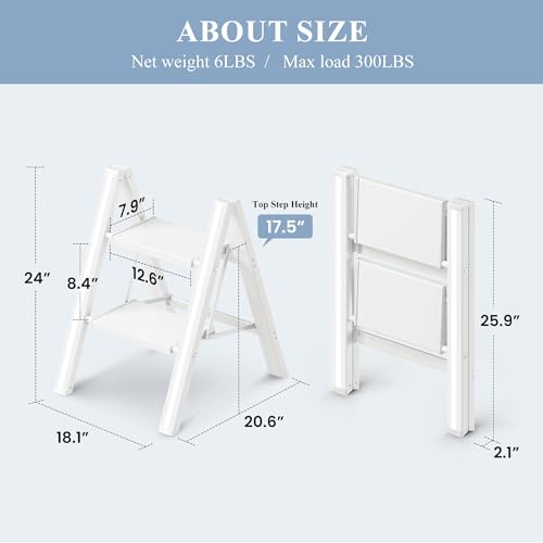 2 Step Ladder, Foldable Aluminum Step Stool with Anti-Slip Pedal - color: White, size: 2 Step
