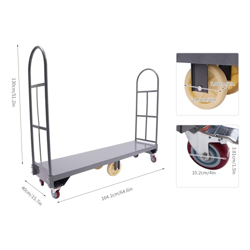 Narrow Aisle Dolly U-Boat Platform Truck Cart, 16 x 60 inch Heavy Duty Utility Cart, 2000Lbs Load Capacity, Hand Truck with Dual Removable Handles and 6 Wheels, Ideal for Heavy-Duty Applications