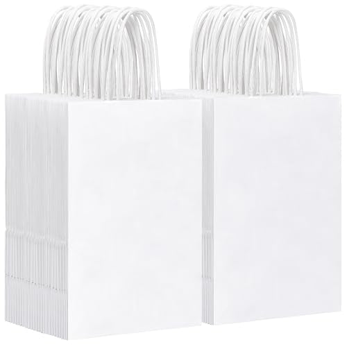 OUTUXED 150pcs White Paper Bags with Handles, 5.25x3.2x8in Small Gift Bags - color: White 5.25x3.2x8in, size: 1 Count (Pack of 150)