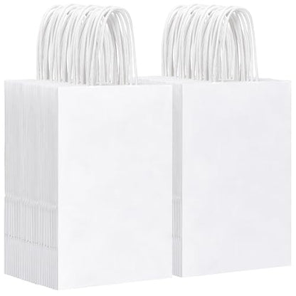 OUTUXED 150pcs White Paper Bags with Handles, 5.25x3.2x8in Small Gift Bags - color: White 5.25x3.2x8in, size: 1 Count (Pack of 150)