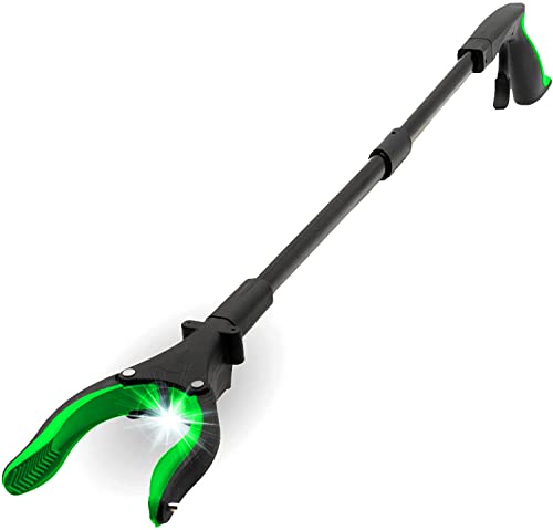 Grabber Tool 19" Aluminum Magnetic Claw with LED Light, Lightweight Foldable Reacher Grabber Pickup Tool, Gripper Grabbers for Elderly Grab Reaching Tool Trash Picker Grabber, Green, By Luxet 2-Pack