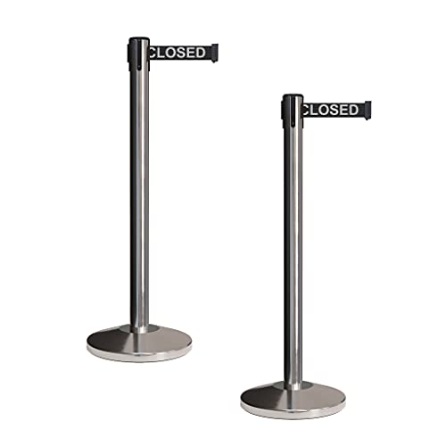 CCW Retractable Belt Barrier Stanchions, 2-Pack, 7.5 Ft Black Belt, RBB-100 - color: Black with "THIS LINE CLOSED" White Letters, size: 7.5 Foot