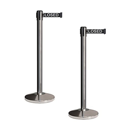 CCW Retractable Belt Barrier Stanchions, 2-Pack, 7.5 Ft Black Belt, RBB-100 - color: Black with "THIS LINE CLOSED" White Letters, size: 7.5 Foot