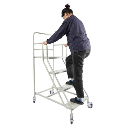 4 Step Rolling Stairs with Wheels, Heavy Duty Industrial & Warehouse Ladder, 881LBs Capacity Mobile Work Platform with Non-Slip Pedals & 3-Sided Handrails, Easy Move & Locking PU Wheels (39.4" H)
