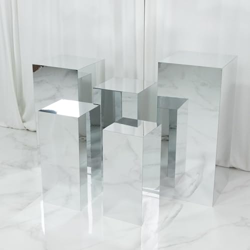 Efavormart Set of 5 Silver Mirror Acrylic Pedestal Risers – Pre-Assembled Rectangular Display Stands for Weddings, Events & Product Showcases – 20", 22", 24", 28", 32" - color: Silver