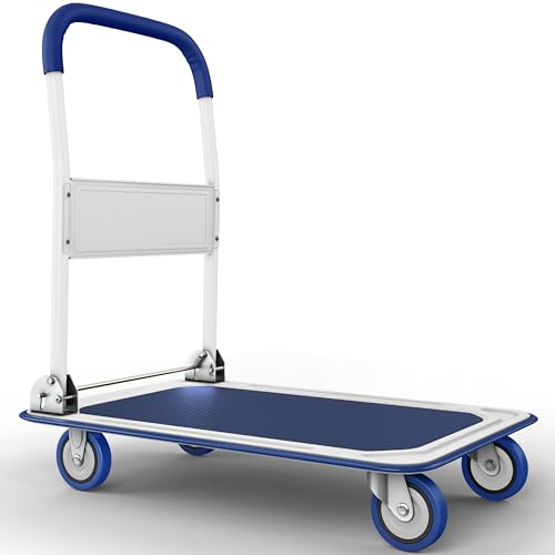Heavy Duty Foldable Push Cart Dolly | 660 lbs. Capacity | Upgraded Collapsible Hand Truck Folding Platform with Swivel Wheels | Flat Bed Moving Wagon | Space Saving Push Handle (Blue) - color: Blue, 660 Lbs. Capacity