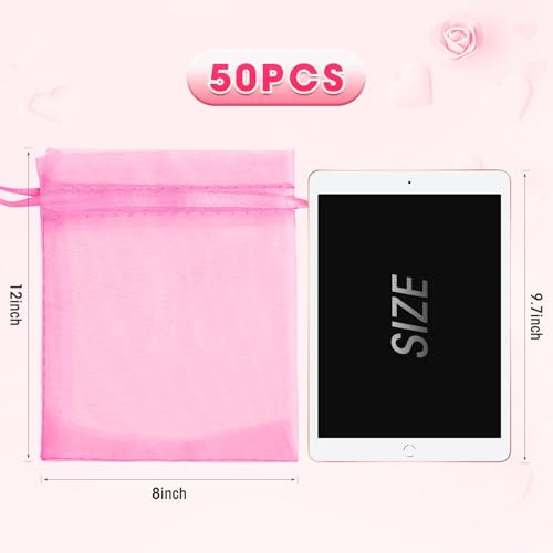 ANZNKU 50 Pcs Large Organza Bags 8x12, Pink Small Mesh Gift Bag Drawstring - color: Pink
