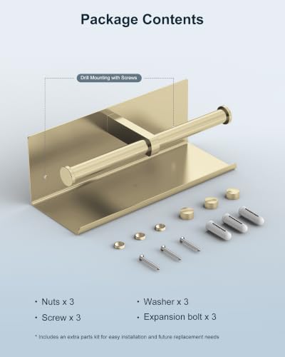 Double Toilet Paper Holder with Shelf Brushed Gold Large Tissue Roll Holder - color: Brushed Gold