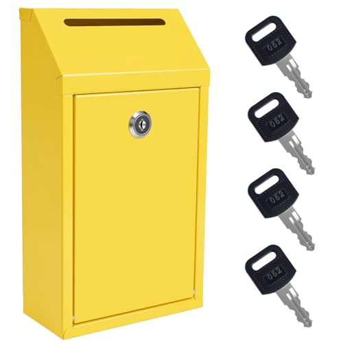 Sumerfnt Locking Cash Box with Lock and Slot, Metal Money Donation Box with 4 Keys Wall Mount, Cash Drop for Farm Stand Supplies, Self-Serve Stand, Tips, Fundraising, Yellow - color: Yellow